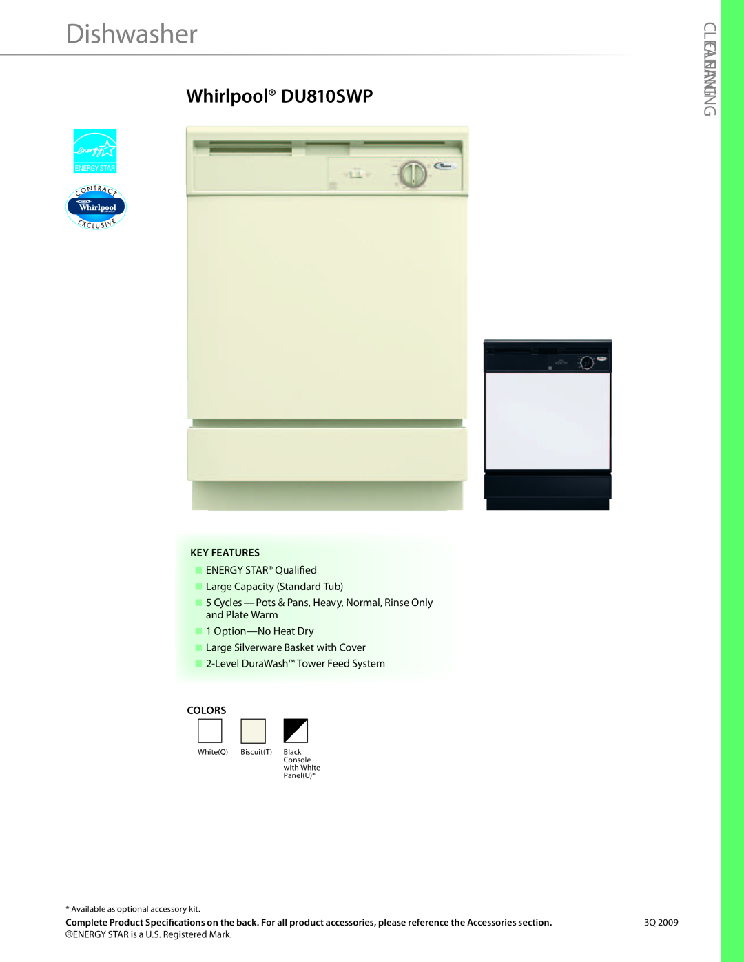 Whirlpool manual Whirlpool DU810SWP, Dishwasher, CleaNiNg, Key Features, Option-NoHeat Dry, Colors 