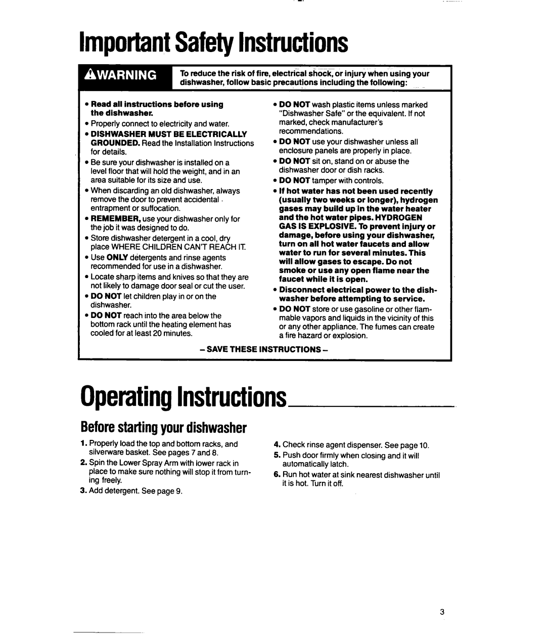 Whirlpool DU8150XX manual ImportantSafetyInstructions, OperatingInstructions 