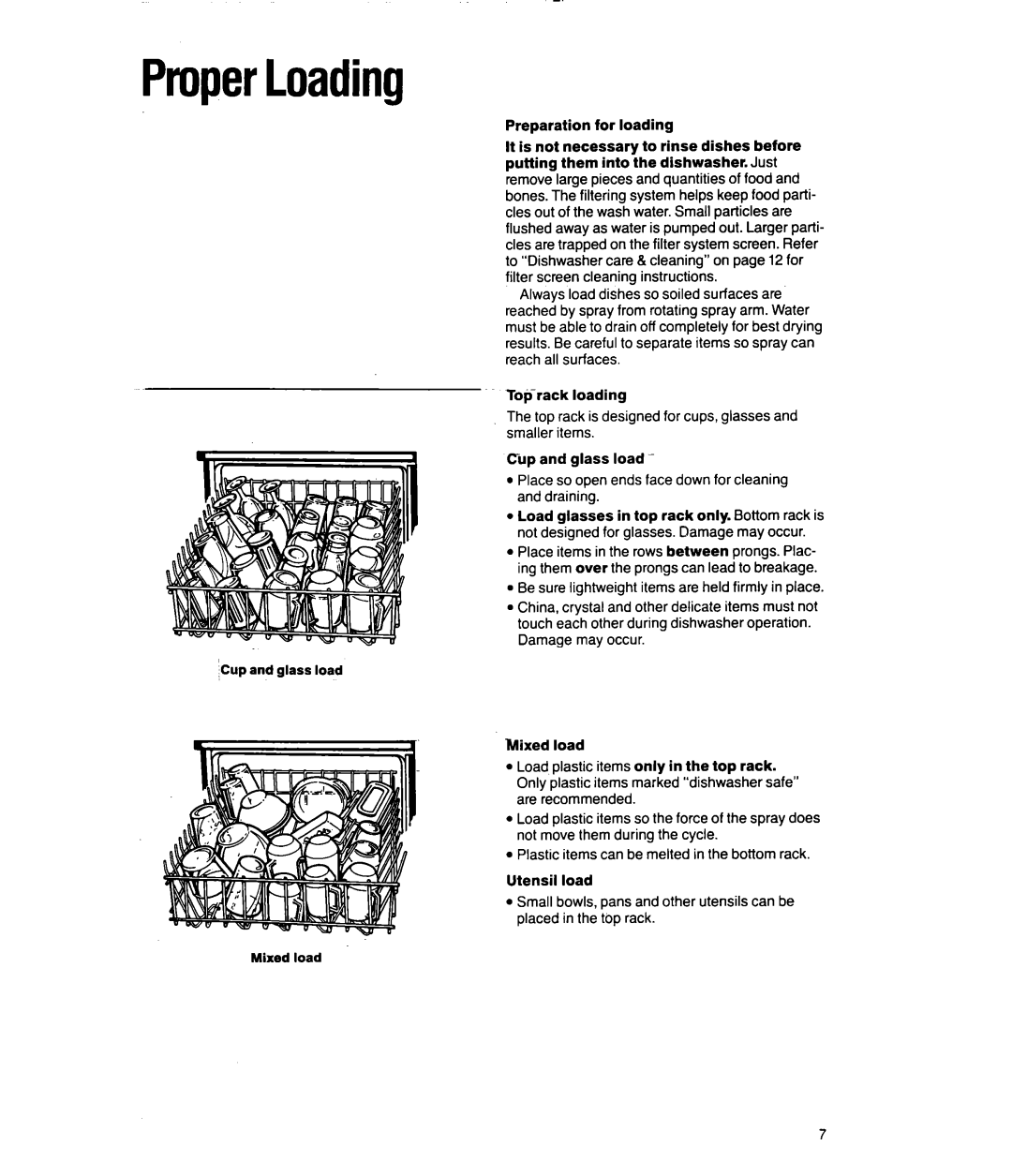 Whirlpool DU8150XX manual ProperLoading, Preparation for loading, Toprack loading, Cup and glass load, Utensil load 