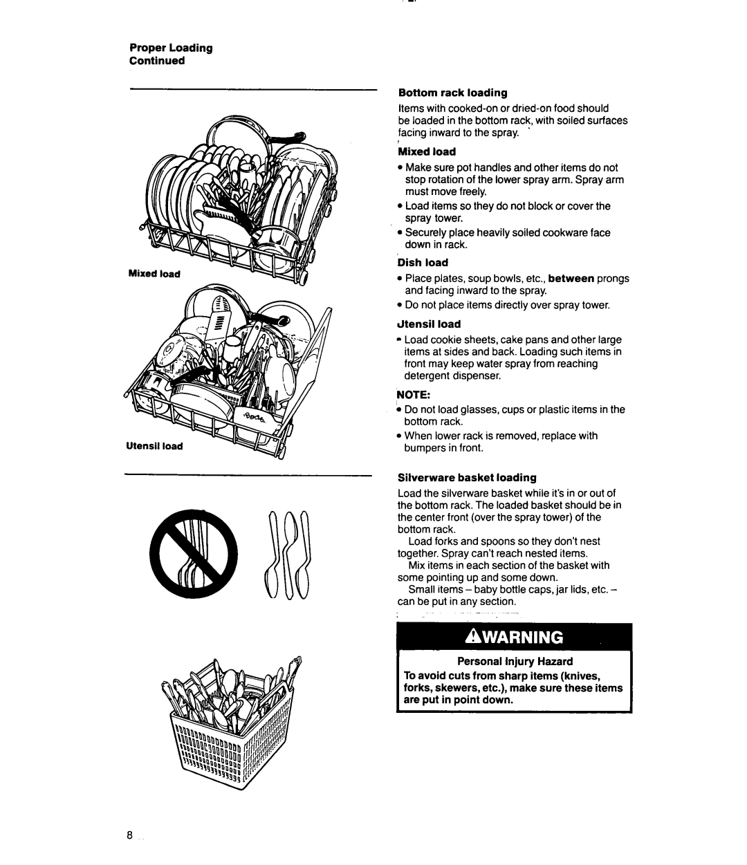 Whirlpool DU8150XX Proper Loading Bottom rack loading, Mixed load, Dish load, Jtensil load, Silverware basket loading 