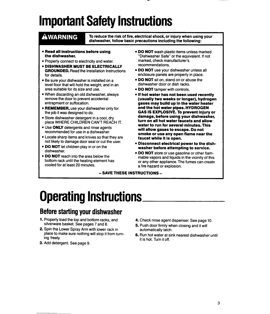 Whirlpool DU8150XX manual ImportantSafetyInstructions, OperatingInstructions, Beforestartingyourdishwasher 