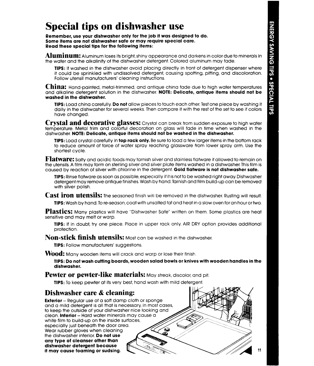 Whirlpool DU8300XT manual Decorative &3SSeS, Non-stick Finish UteUdS, Dishwasher care & cleaning 