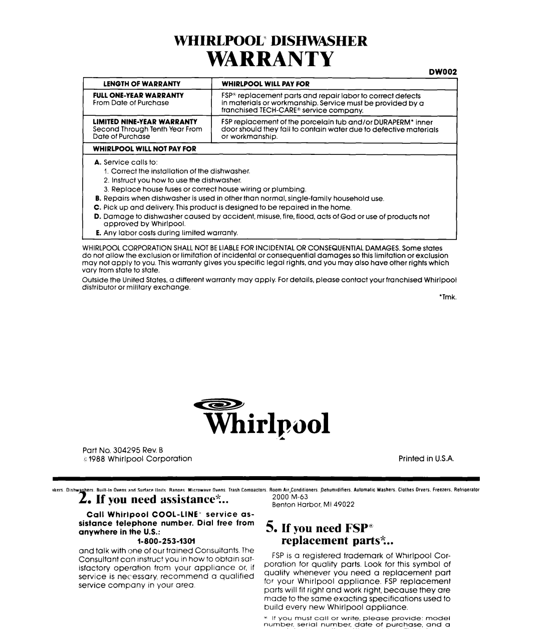 Whirlpool DU8300XT manual Warranty, Dwoo 