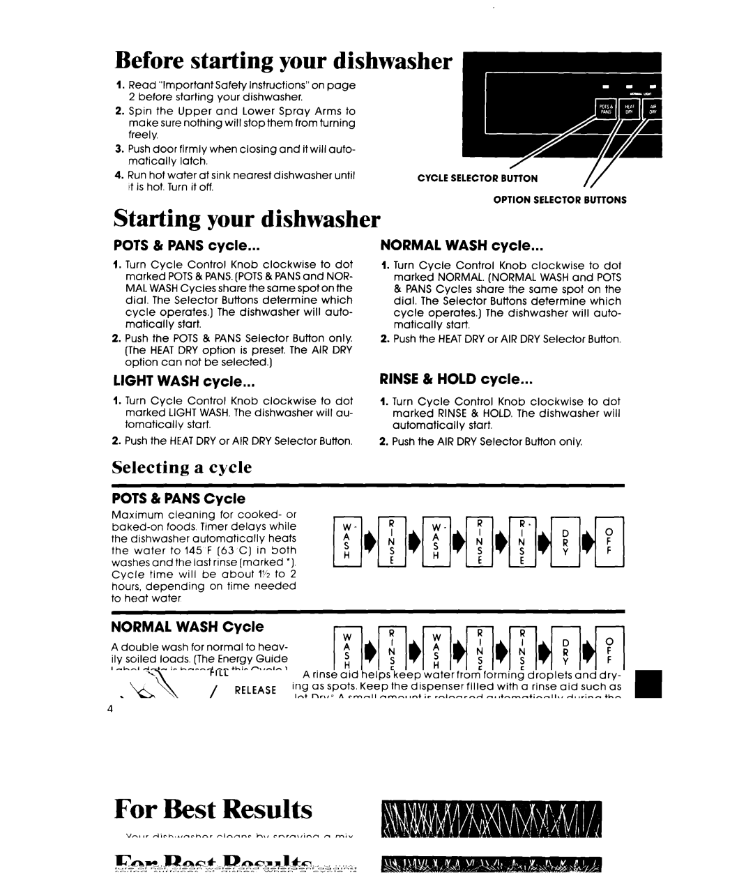 Whirlpool DU8300XT manual Starting your dishwasher, Selecting a cycle, Cycle Selector Button Option Selector Buttons 