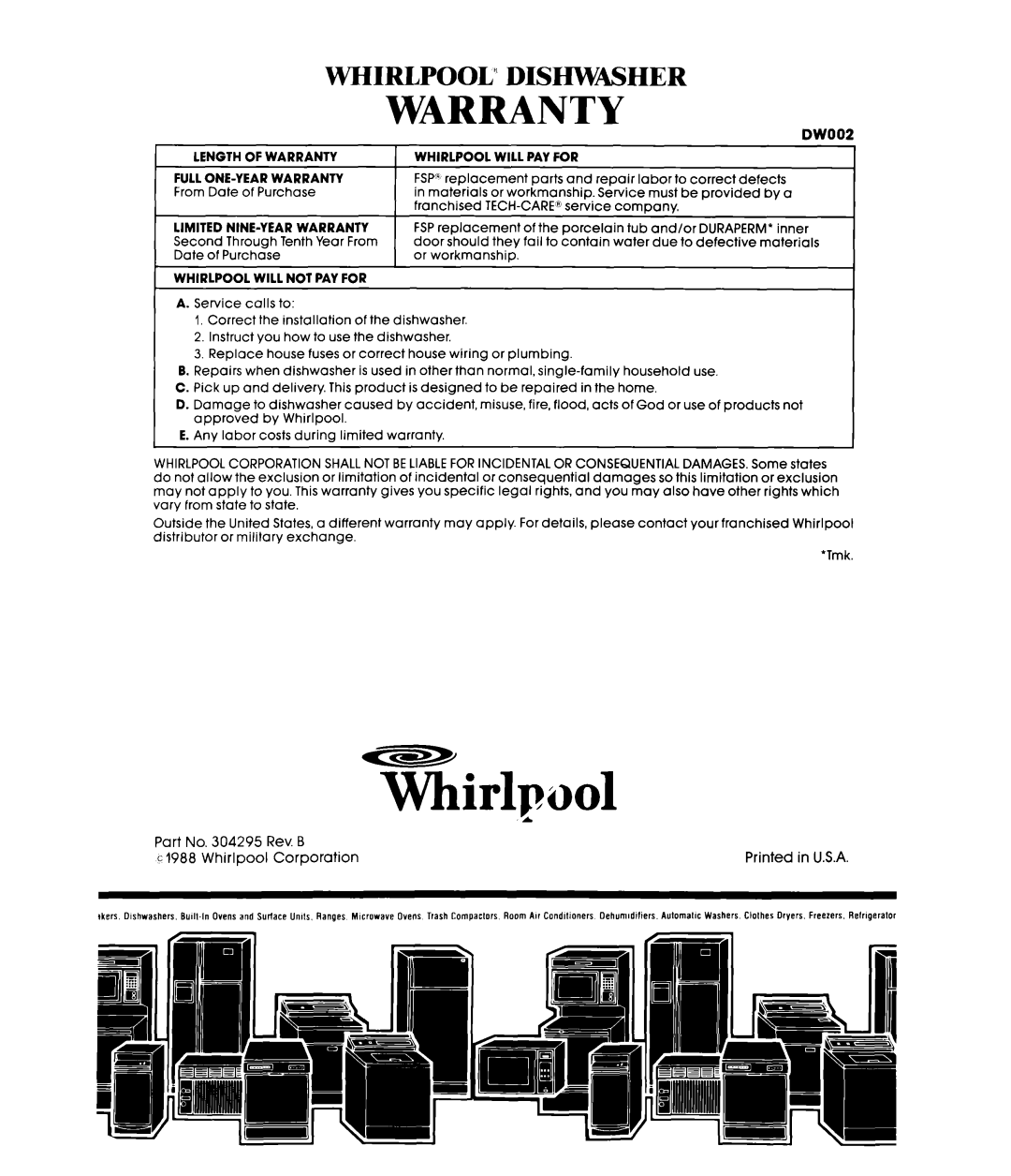 Whirlpool DU8300XT manual Warranty, Whirlpool” Dishwasher 