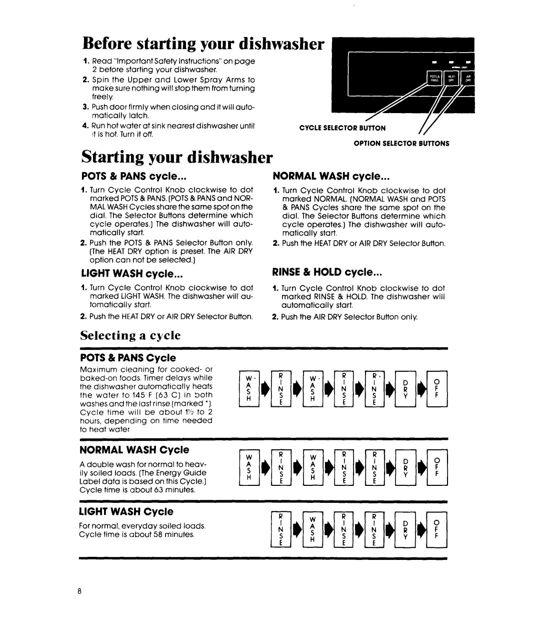 Whirlpool DU8300XT manual Before starting your dishwasher, Starting your dishwasher, Selecting a cycle, lil’l’l IA 