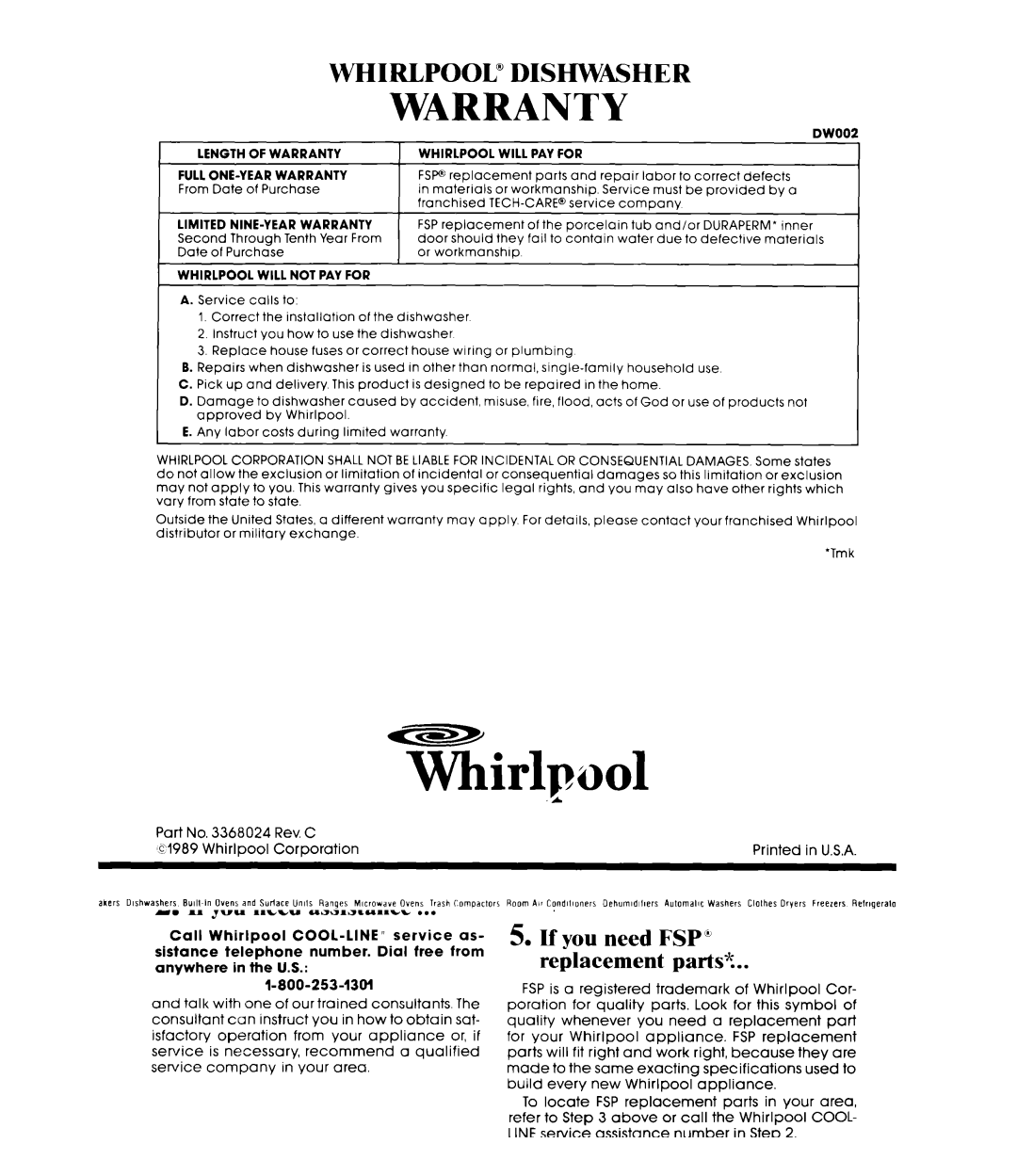 Whirlpool DU8350XT manual Warranty 