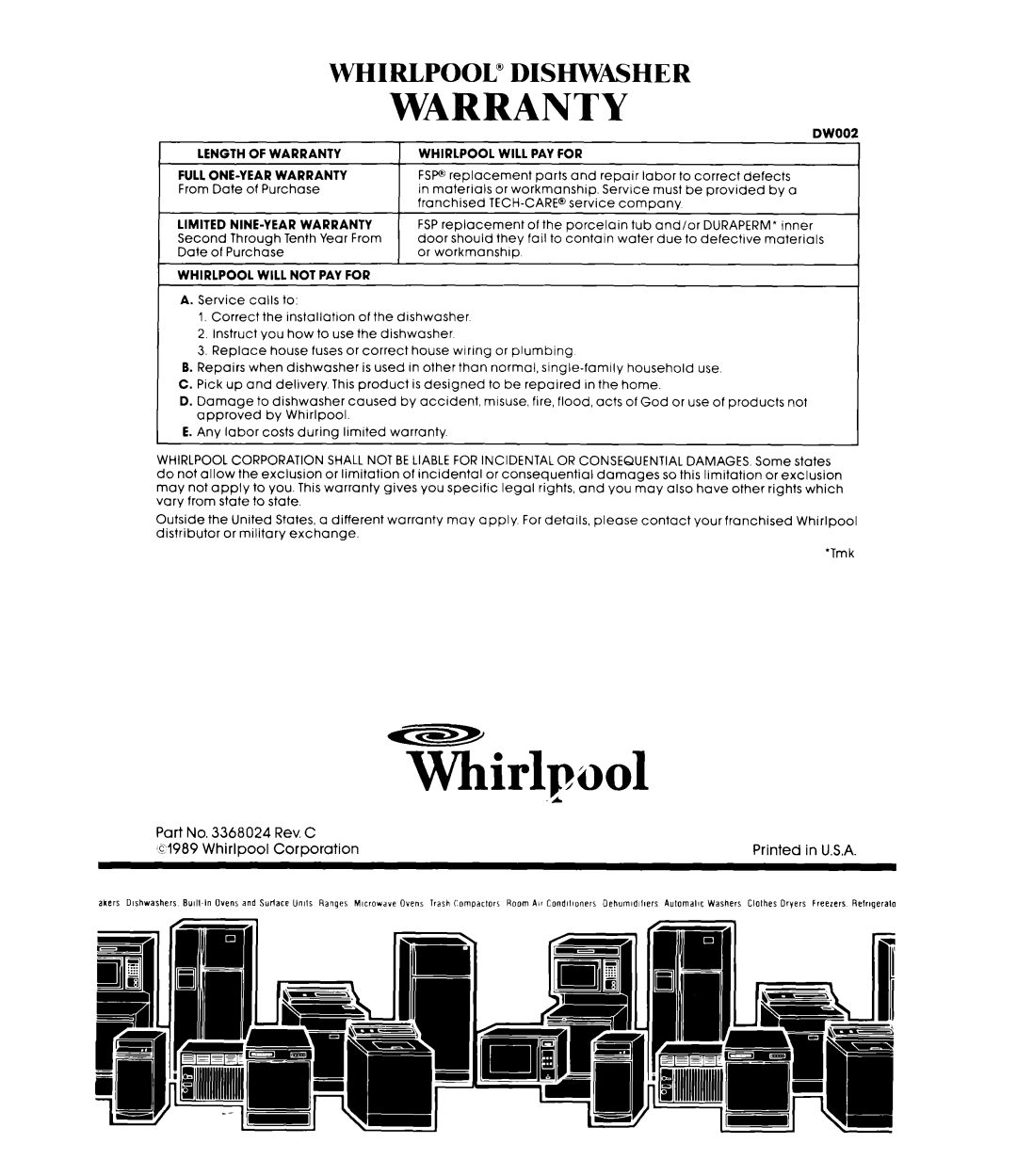 Whirlpool DU8350XT manual Warranty, Whirlpool” Dimwasher 
