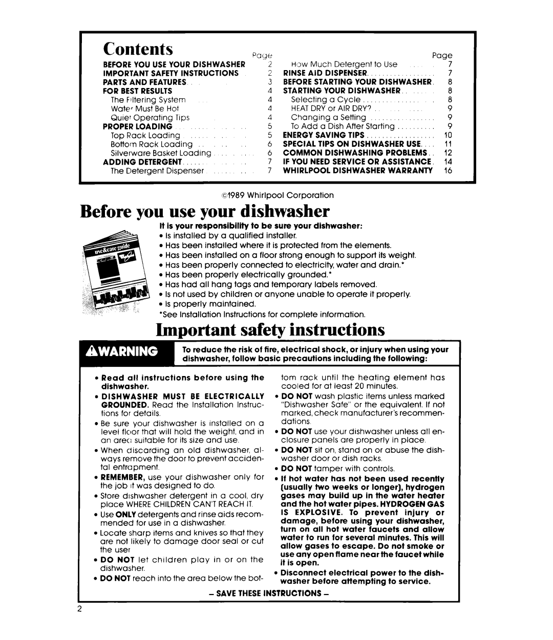 Whirlpool DU8350XT manual Contents, Qlye, Before you use your dishwasher, safety instructions 