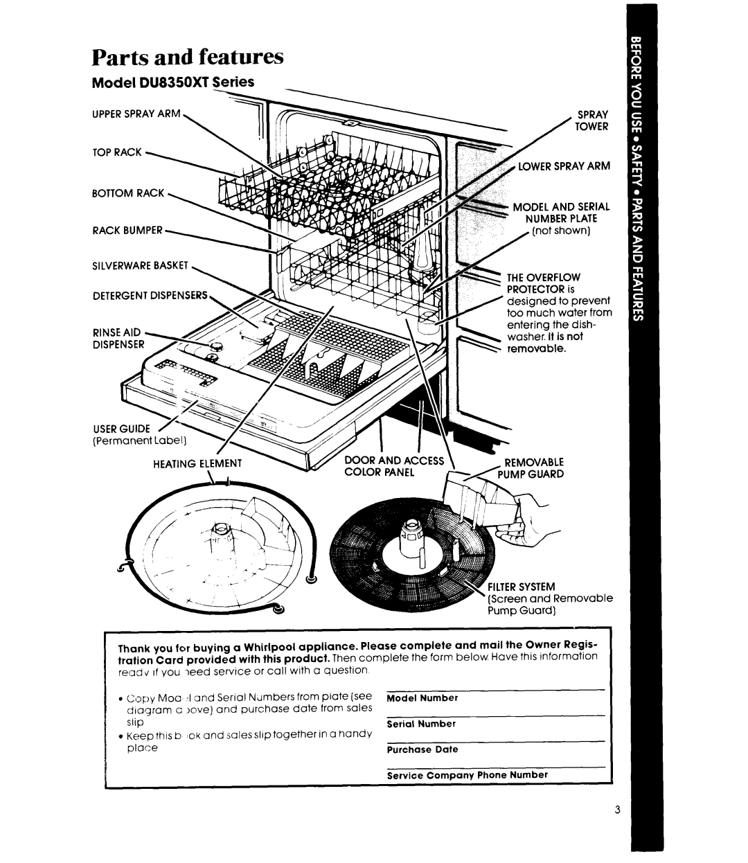 Whirlpool manual Parts and features, Model DU8350XT Series 