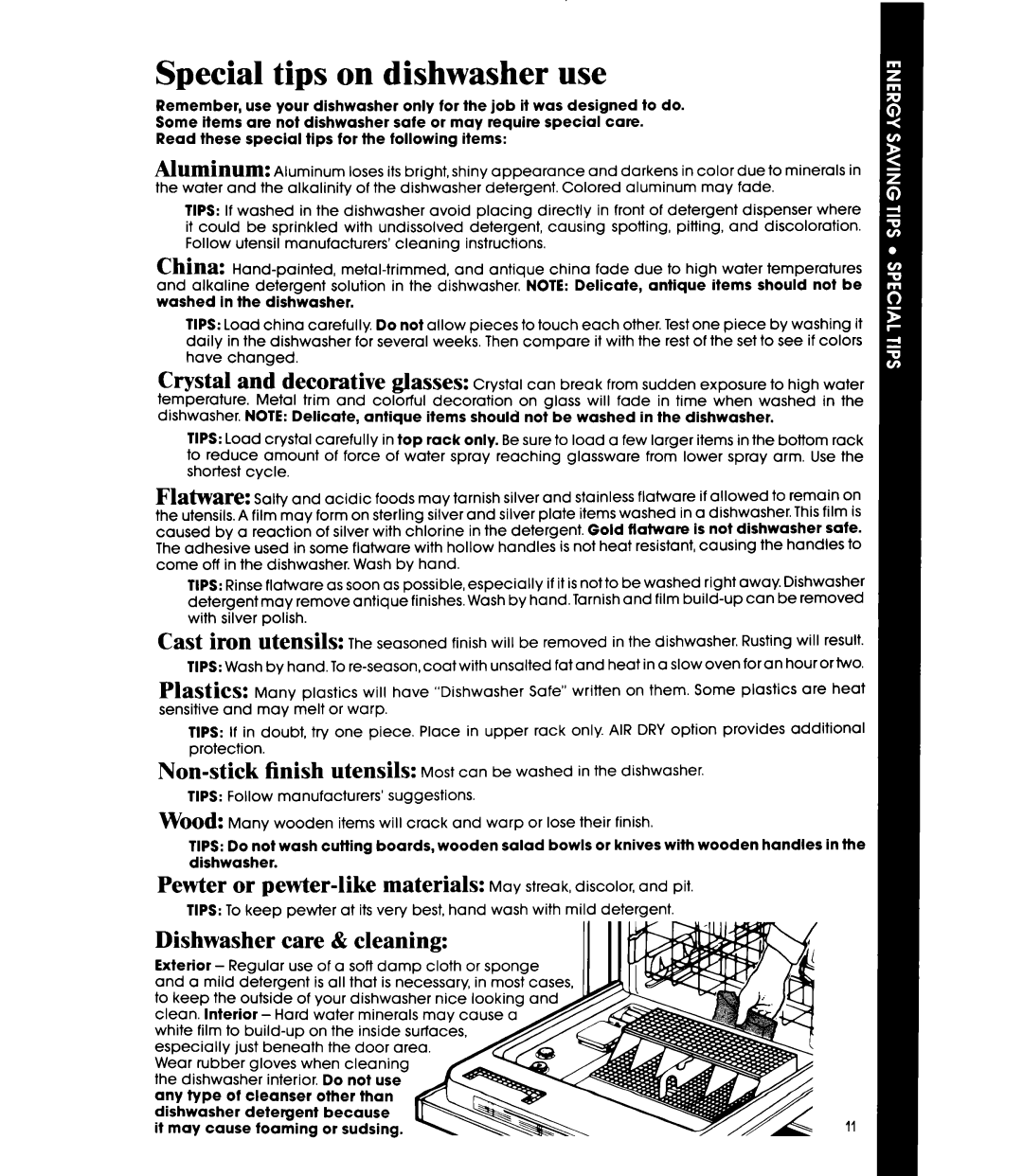 Whirlpool DU8500XT manual Special tips on dishwasher use, Care & cleaning 