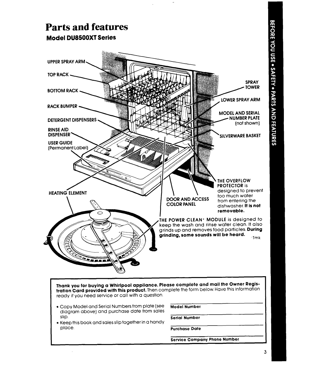 Whirlpool DU8500XT manual Upperspray ARM Bottom Rack Model and Serial Number Plate, Heating Element 