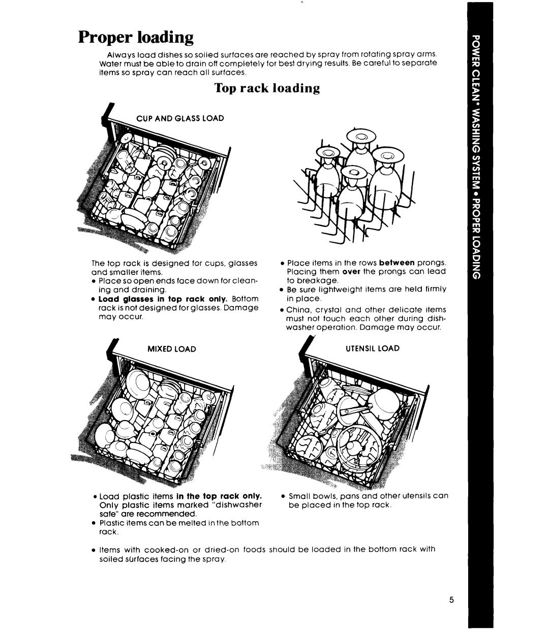 Whirlpool DU8500XT manual Proper loading, Top rack loading, IP and Glass Load, Mixed Load, Utensil Load 
