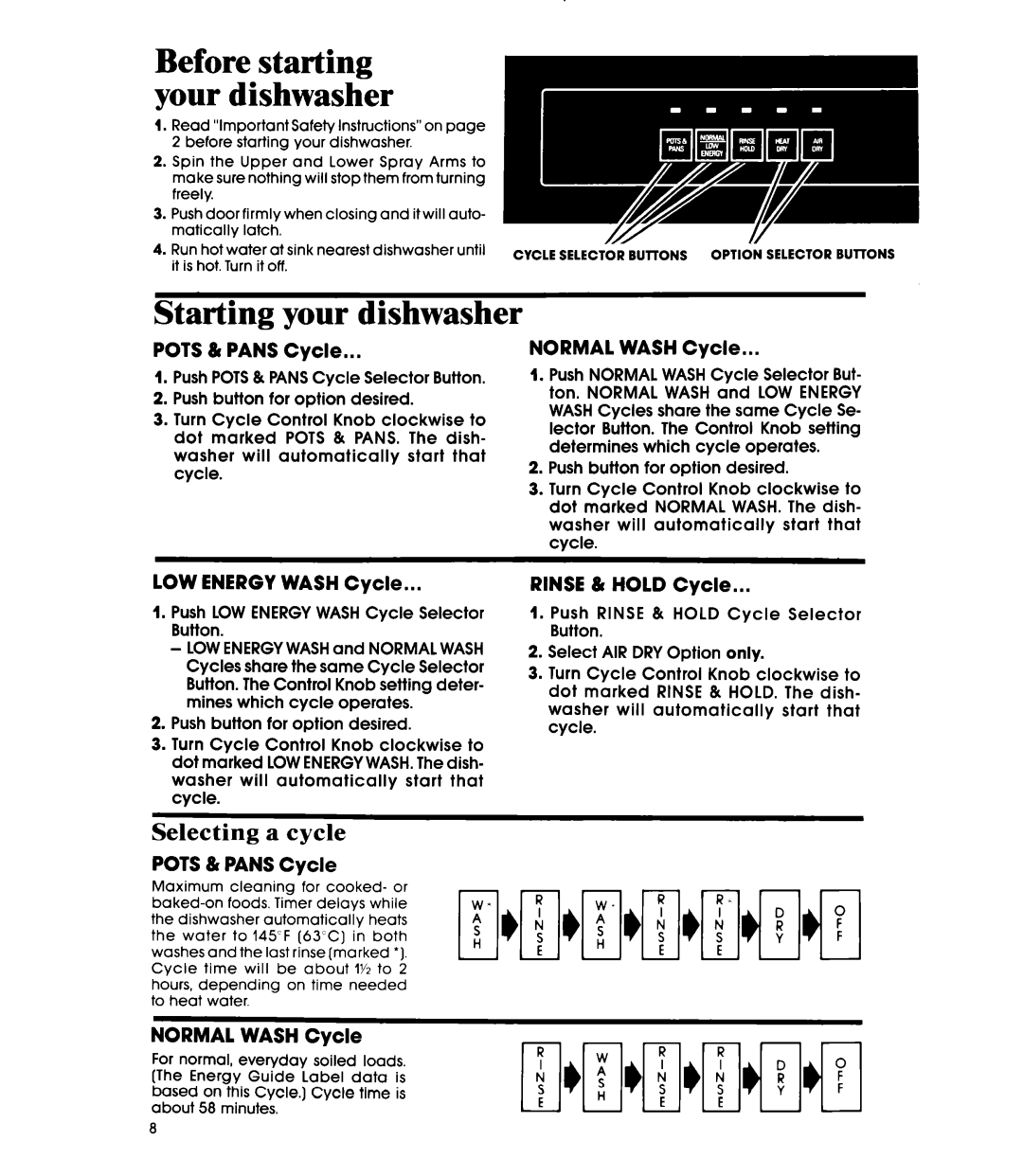 Whirlpool DU8500XT manual Starting your dishwasher, Selecting a cycle 