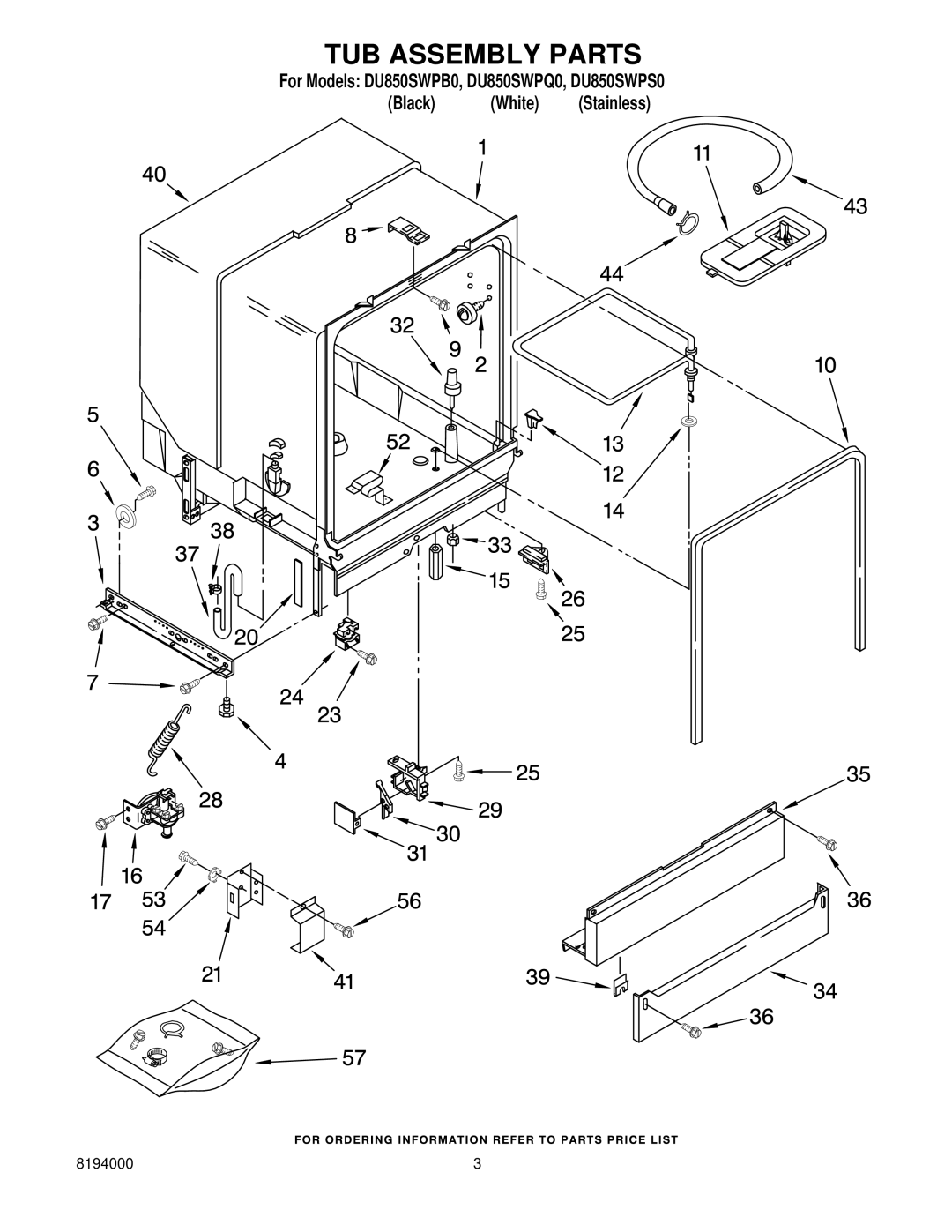 Whirlpool DU850SWPQ0, DU850SWPS0, DU850SWPB0 manual TUB Assembly Parts 