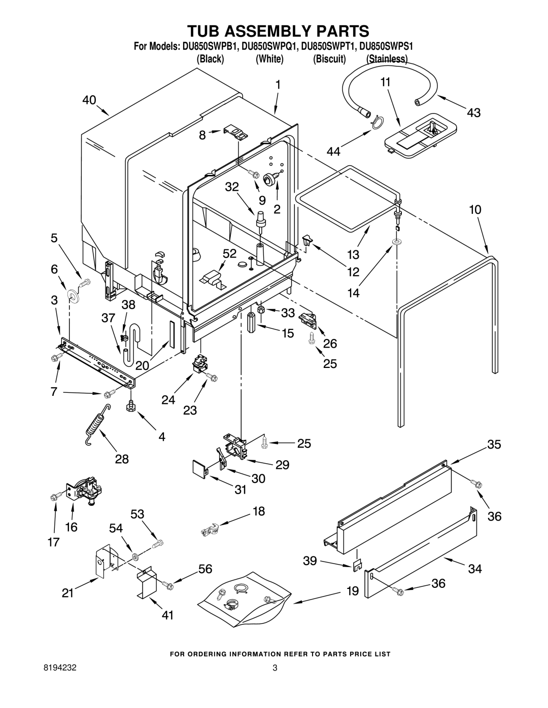 Whirlpool DU850SWPB1, DU850SWPT1, DU850SWPQ1, DU850SWPS1 manual TUB Assembly Parts 