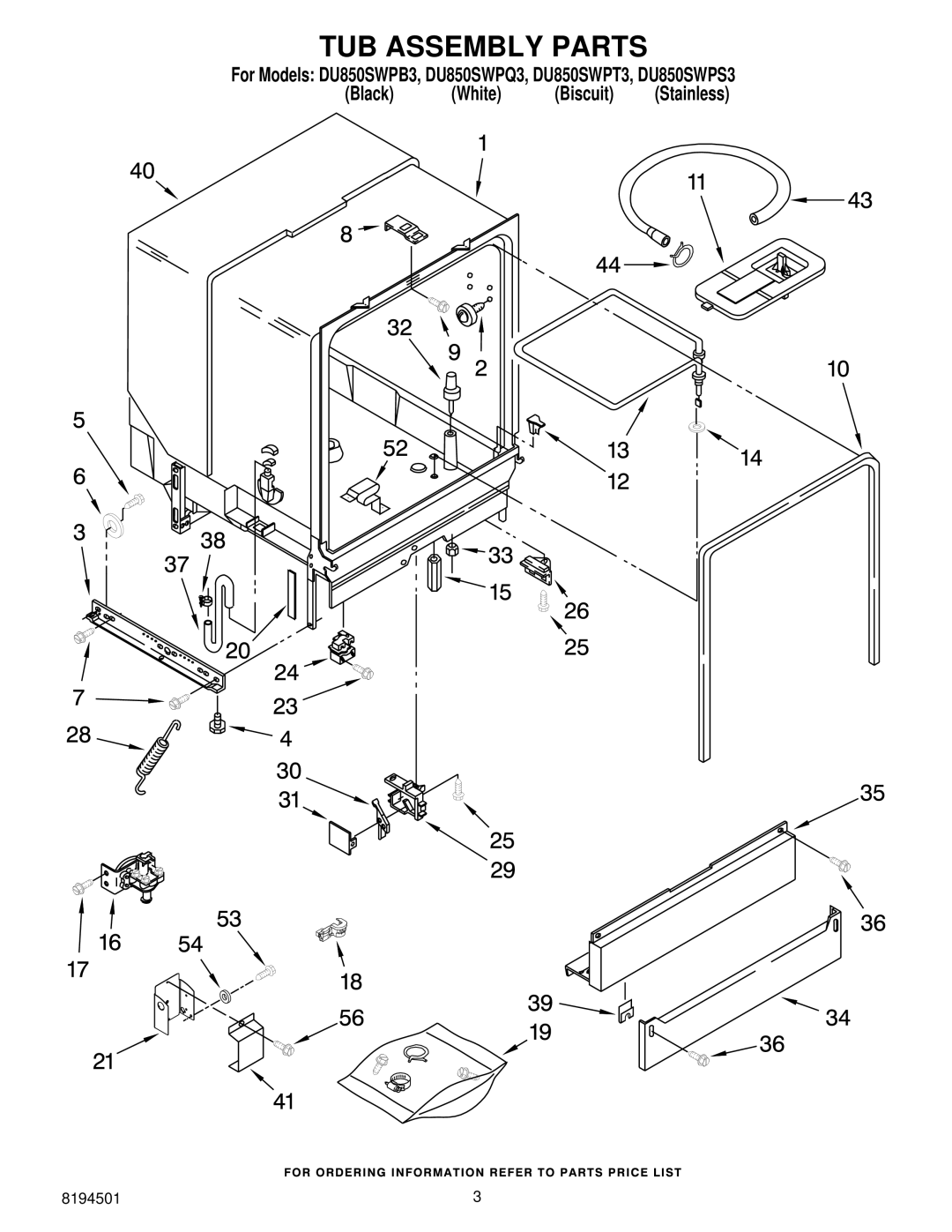 Whirlpool DU850SWPB3, DU850SWPT3, DU850SWPS3, DU850SWPQ3 manual TUB Assembly Parts 