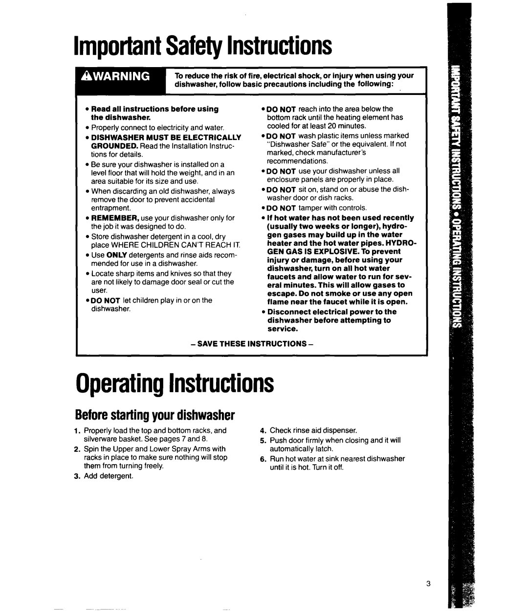 Whirlpool DU8550XT manual ImportantSafetyInstructions, OperatingInstructions, Beforestartingyourdishwasher 