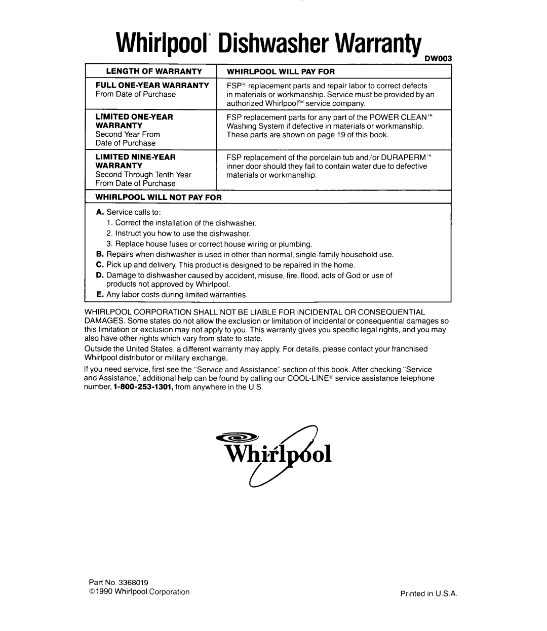 Whirlpool DU8570XT manual DWOO3, Date, Company, Parts for any Part of the Power CLEAN’, System, Materials or workmanship 