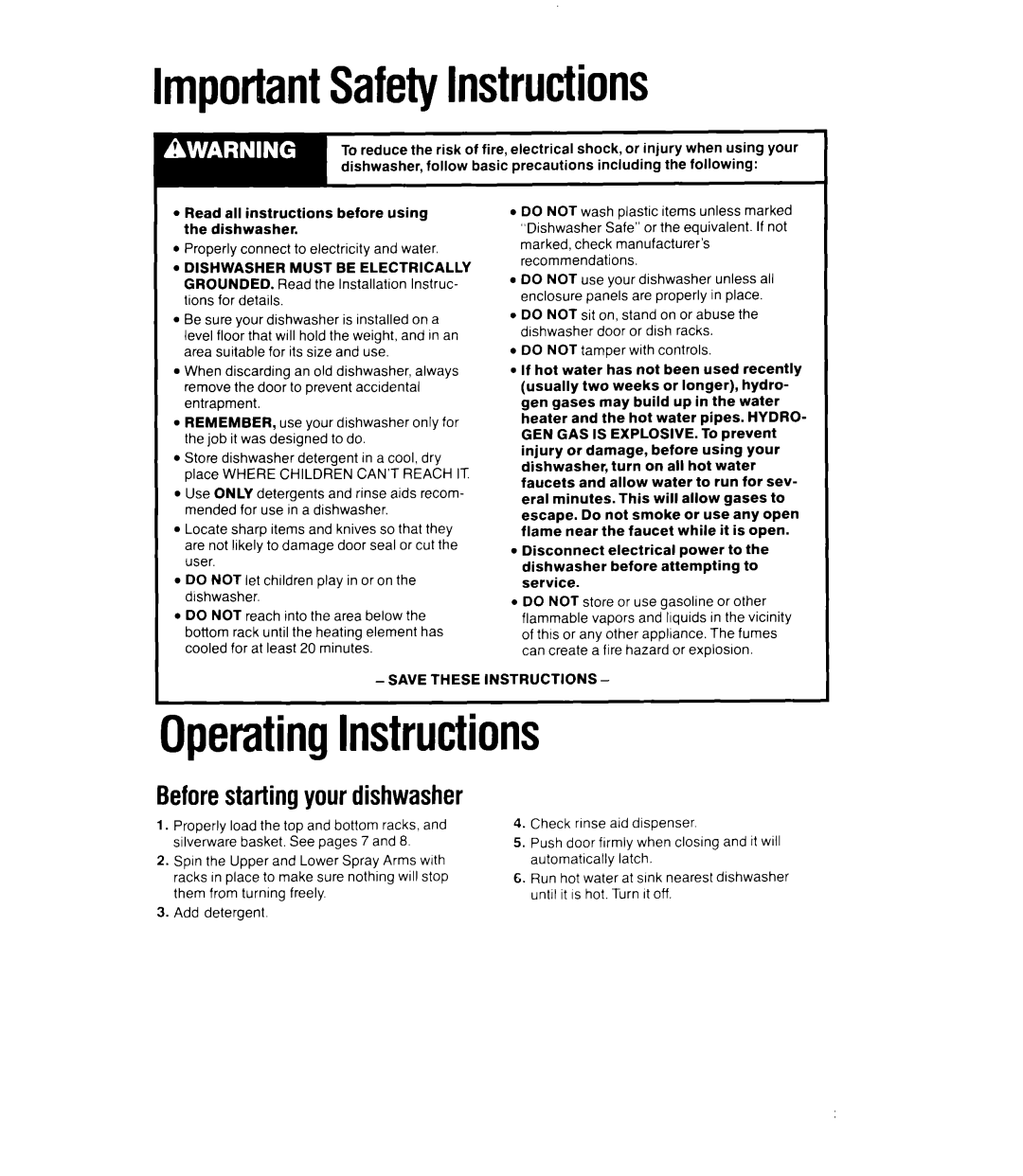 Whirlpool DU8570XT manual ImportantSafetyInstructions, OperatingInstructions 