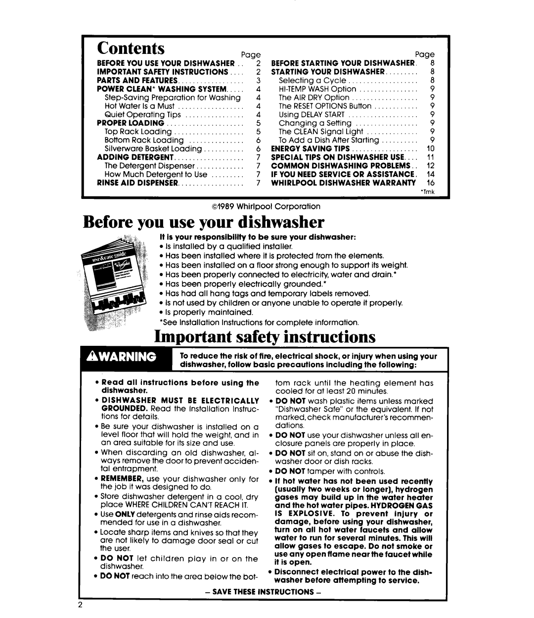 Whirlpool DU87OOXT manual Important safety instructions, ~ Contents, Before you use your dishwasher 