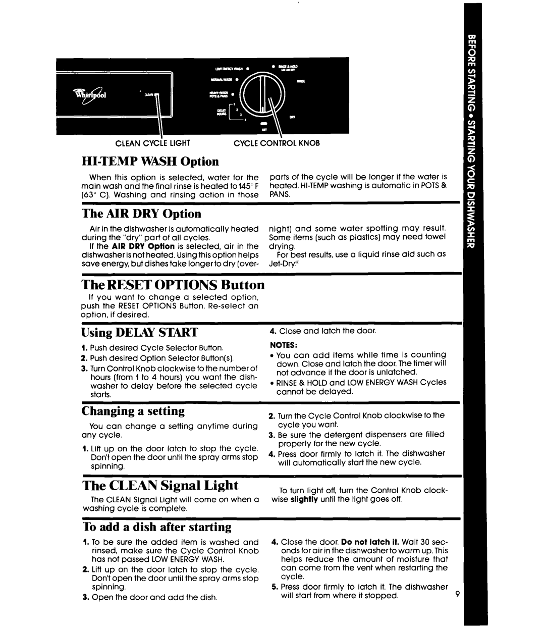 Whirlpool DU87OOXT manual The RESET OPTIONS Button, The CLEAN Signal Light, HI-TEMPWASH Option, The AIR DRY Option 