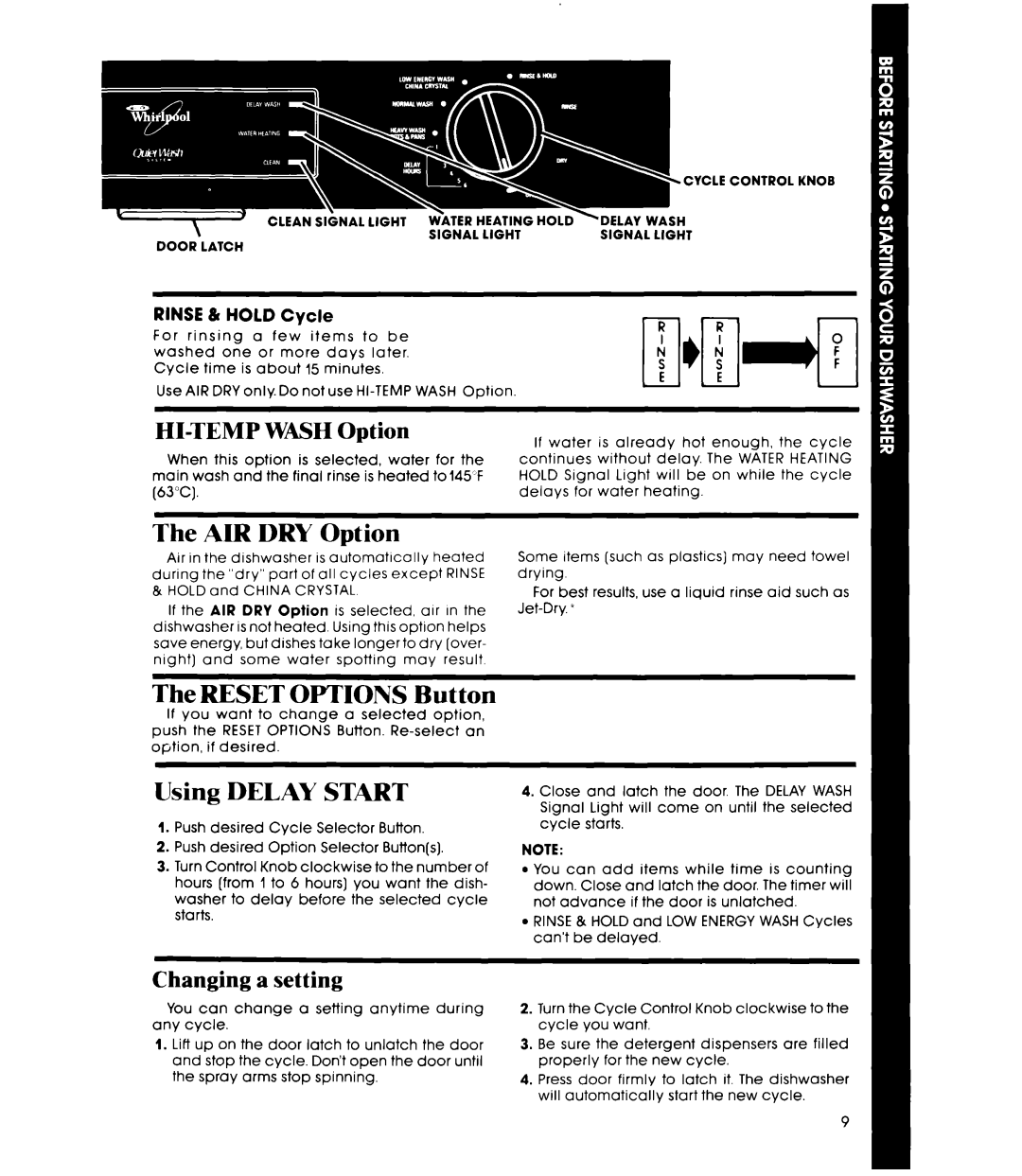 Whirlpool DU8900XT manual HI-TEMP Wash Option, Changing a setting 