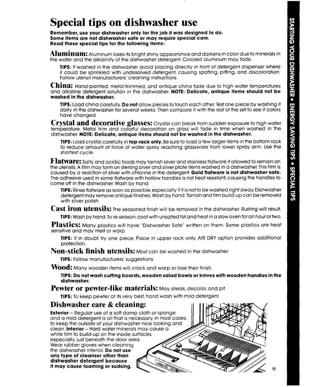 Whirlpool DU8900XT manual Special tips on dishwasher use, Dishwasher care & cleaning, Cast, iron, UtenSilS 