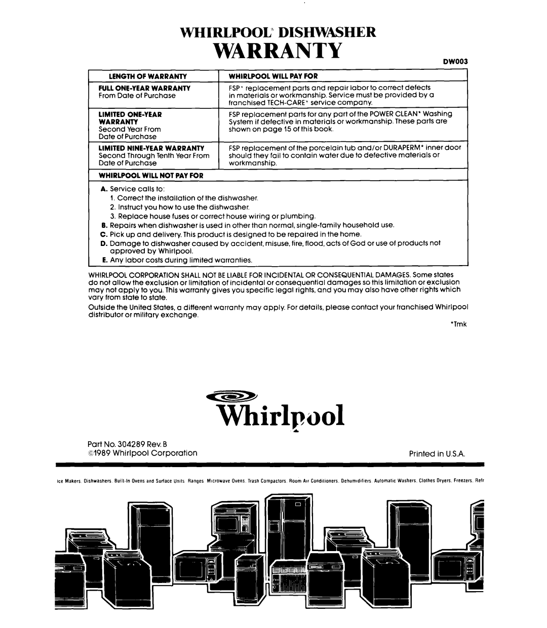 Whirlpool DU8900XT manual Whirlpool” Dishwasher, Warranty 