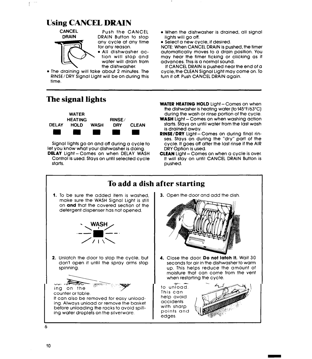 Whirlpool DU8903XL manual Using Cancel Drain, Signal lights, To add a dish after starting 