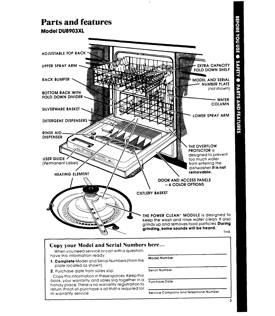 Whirlpool DU8903XL manual Parts and features, Heating Element Capacity Iown Shelf, Lower Spray ARM 