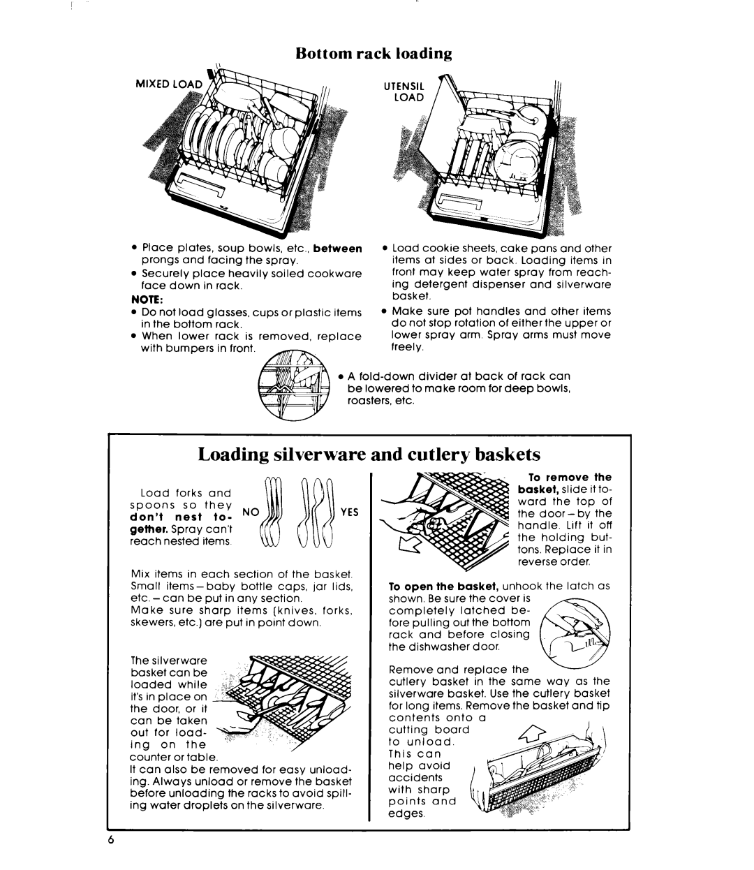 Whirlpool DU8903XL manual Loading silverware, YnFSnt‘o’NOYES, Cutlery baskets, Bottom rack loading 