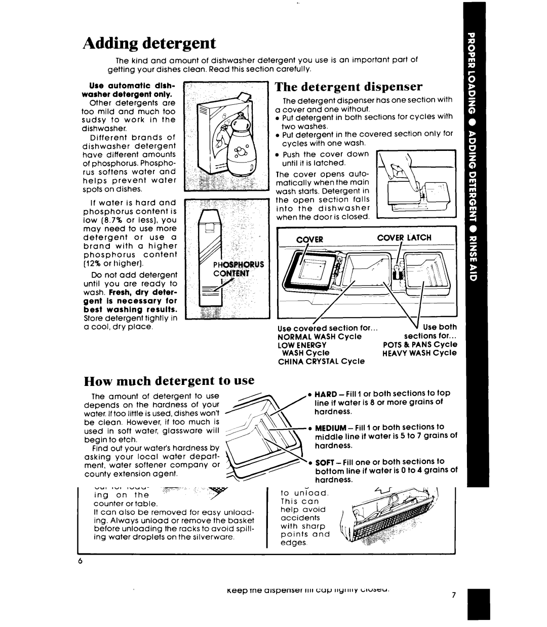 Whirlpool DU8903XL manual Adding detergent, Rinse aid dispenser, Detergent dispenser, How much detergent to use 