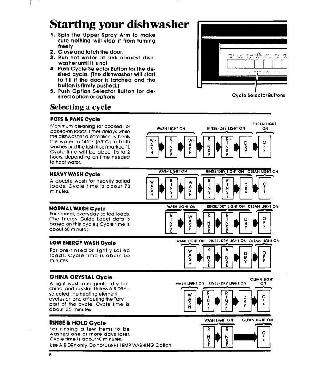 Whirlpool DU8903XL manual Starting your dishwasher, Selecting a cycle 