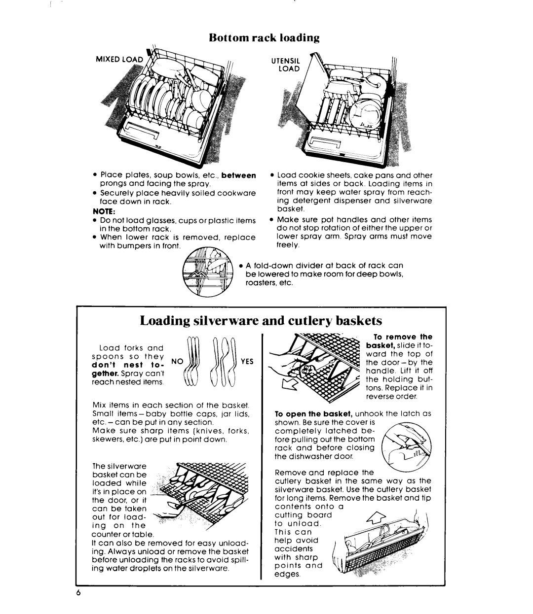 Whirlpool DU8903XL manual Loading silverware, ynF “Sn t‘ “o’NOYES, and cutlery baskets, Bottom rack loading 