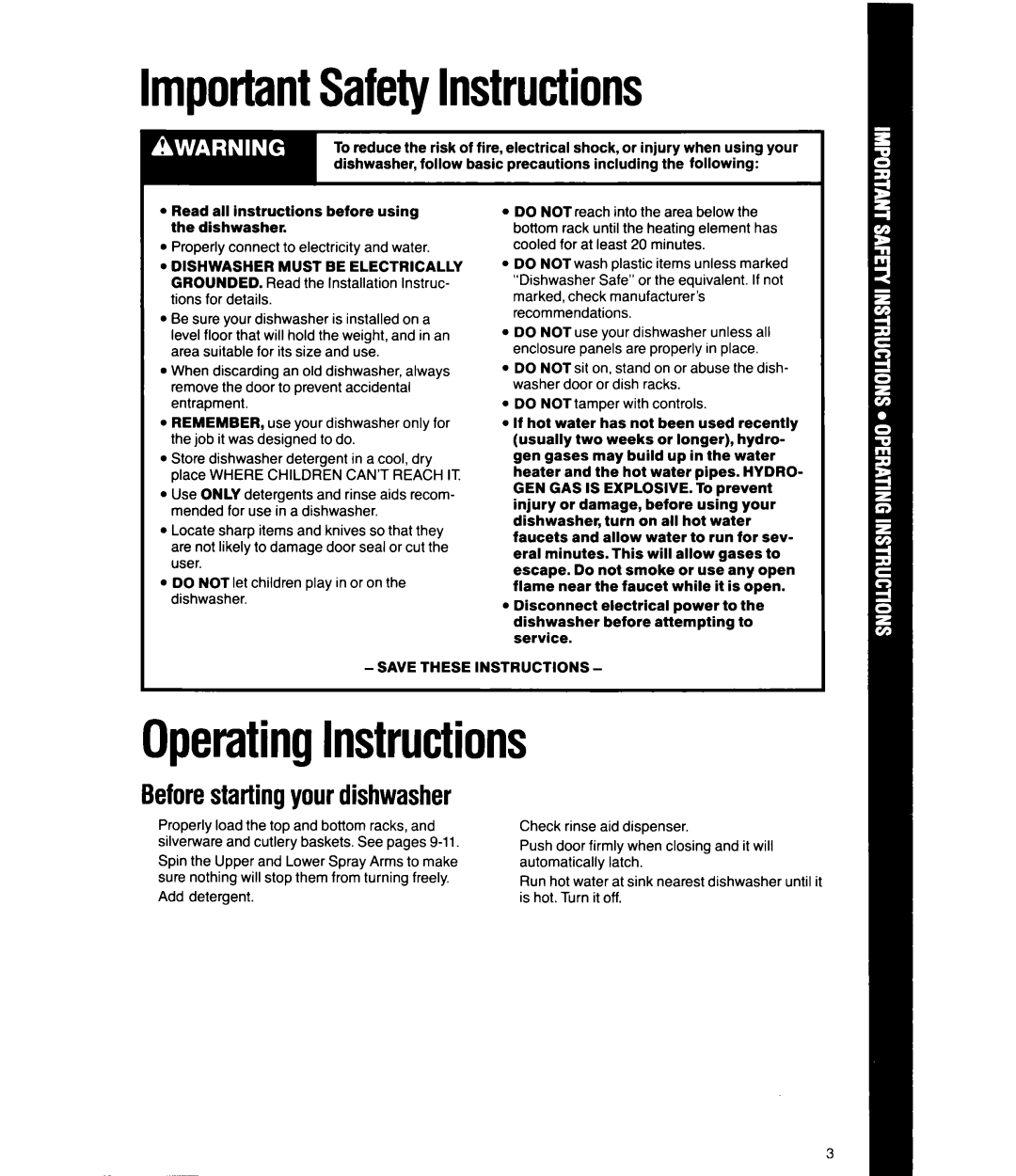 Whirlpool DU8950XT manual ImportantSafetyInstructions, OperatingInstructions, Beforestarting your dishwasher 