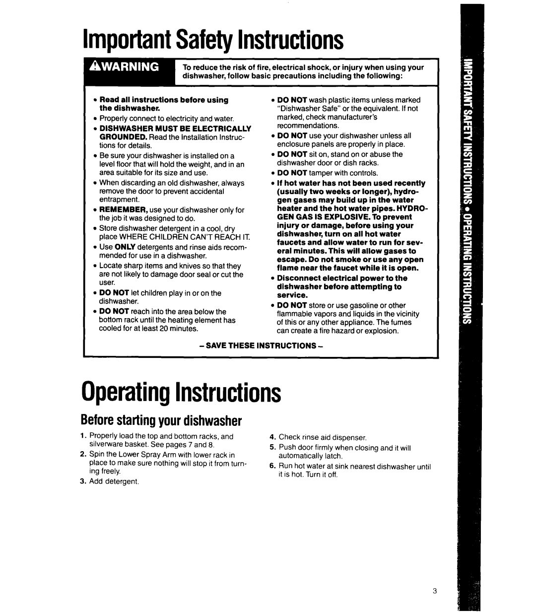 Whirlpool DU8lOOXX manual ImportantSafetyInstructions, OperatingInstructions 