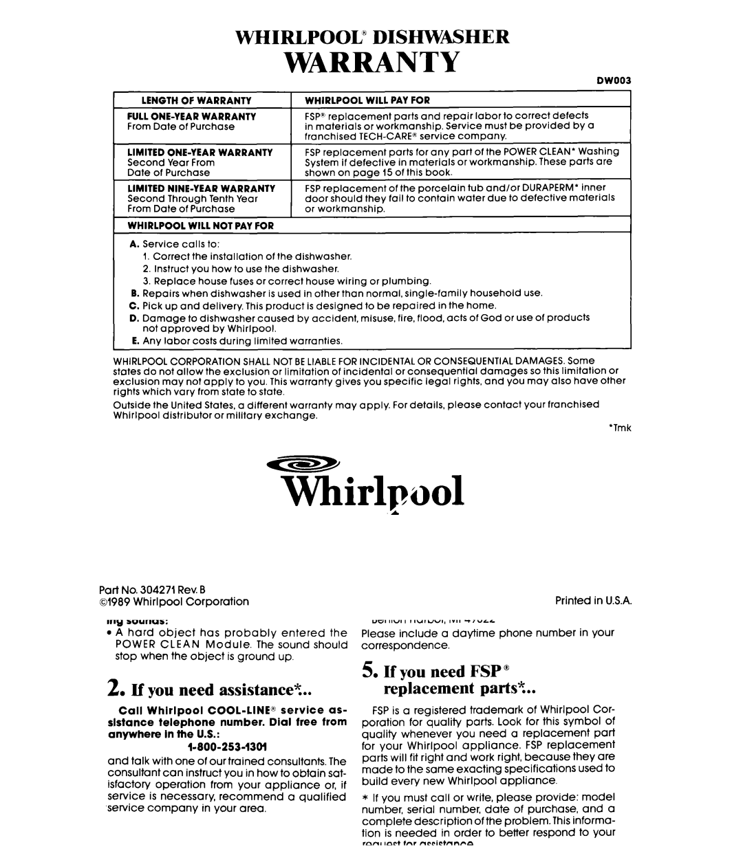 Whirlpool DU9000XR manual Warranty 