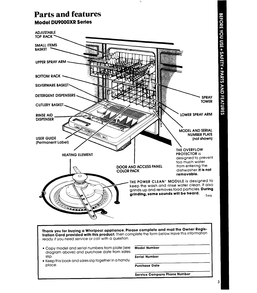 Whirlpool DU9000XR manual Parts and features, Heating Element, Lower Spray ARM Model and Serial Number Plate, Color Pack 