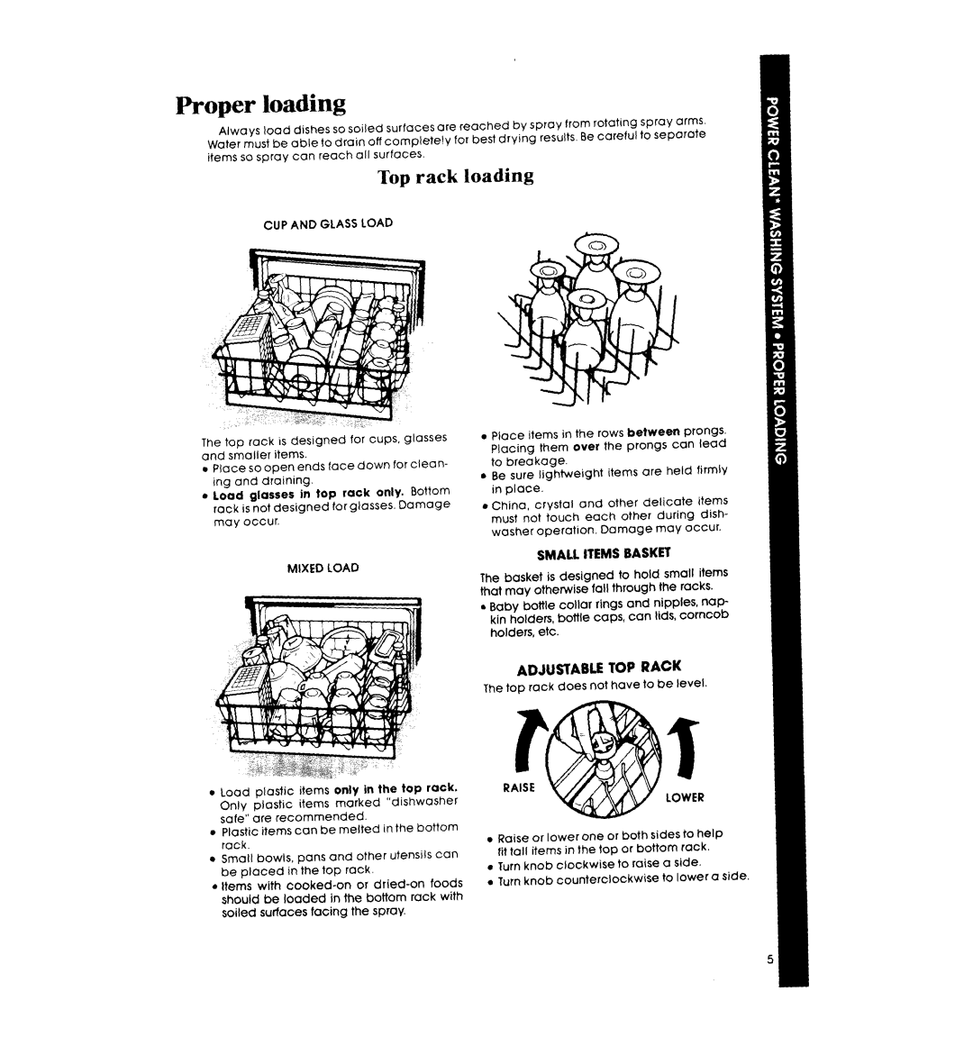Whirlpool DU9000XR manual Proper loading, Top rack loading, CUP and Glass Load, Mixed Load, Lower 