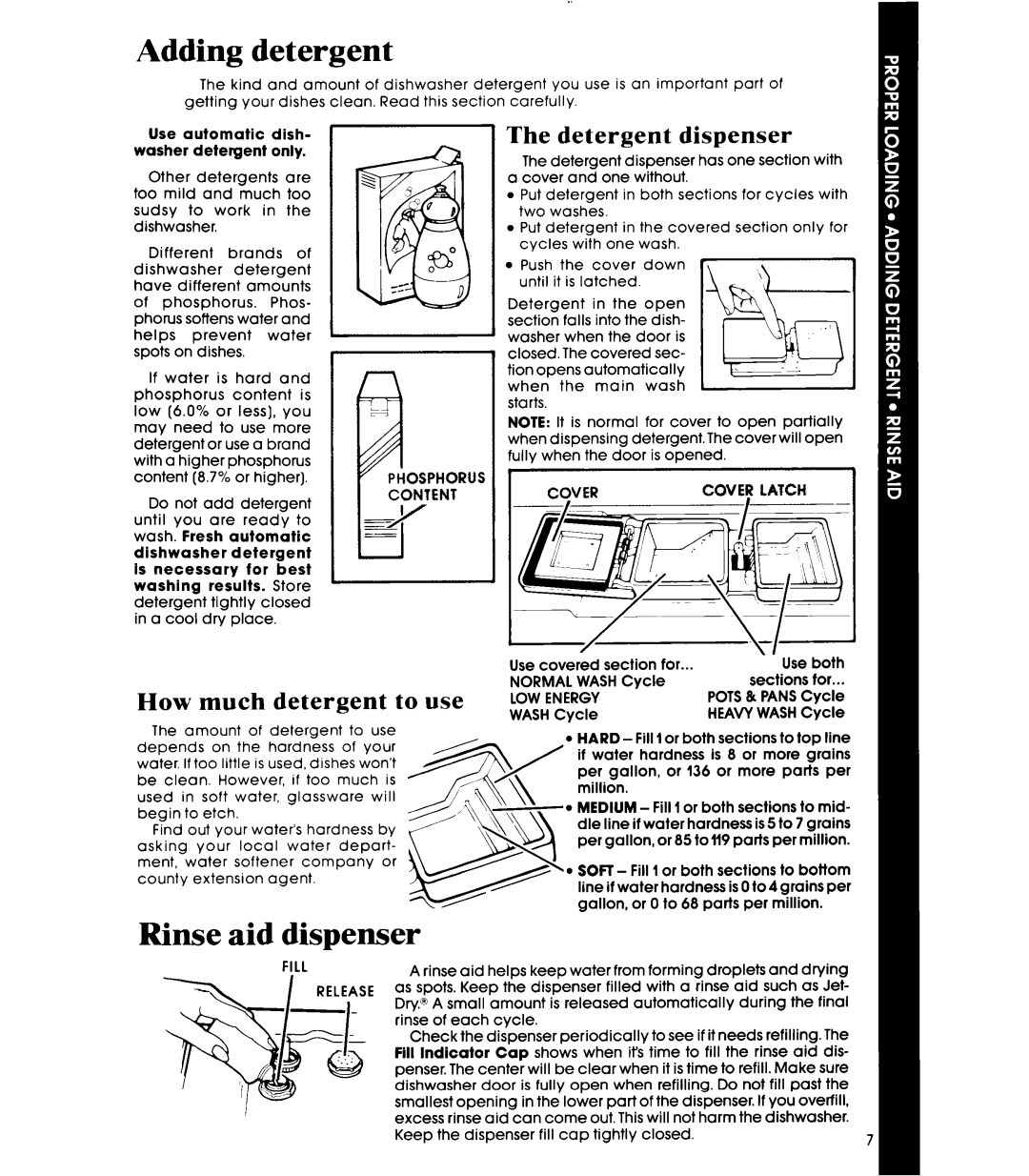 Whirlpool DU9000XR manual Adding detergent, Rinse aid dispenser, Detergent dispenser, How much detergent to use 