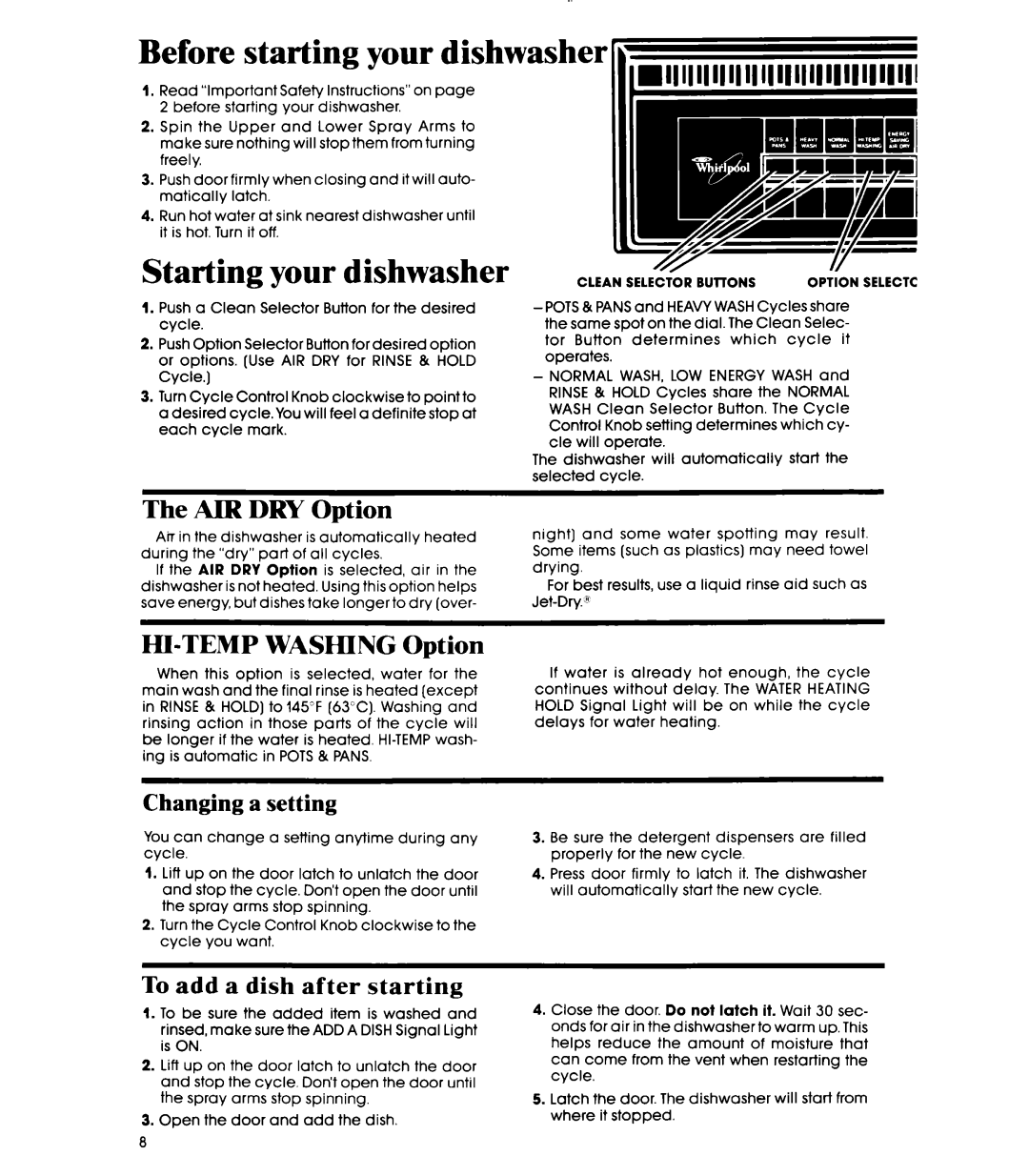 Whirlpool DU9000XR manual ~~‘1’1’1’1’1’1’1’11’1111111111111, AIR DRY Option, HI-TEMP Washing Option, Changing a setting 