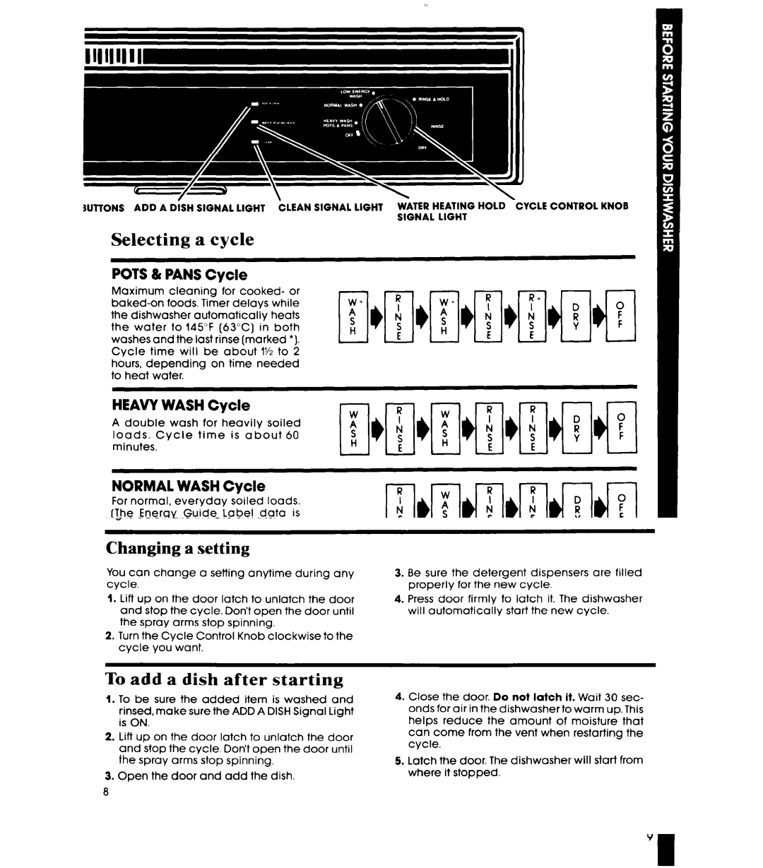 Whirlpool DU9000XR manual Selecting a cycle, Light 