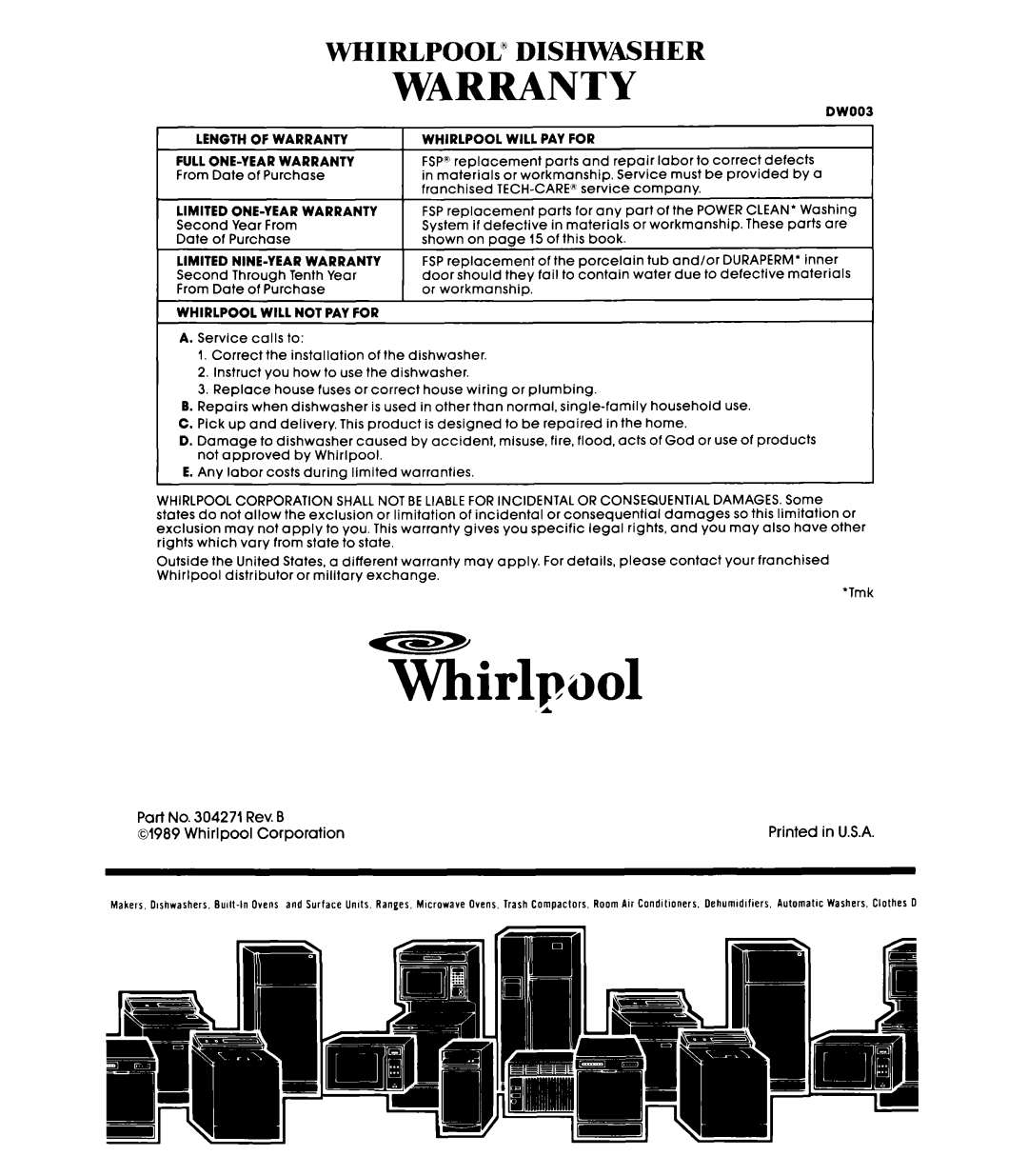 Whirlpool DU9000XR manual Warranty, Whirlpool” Dishwasher 