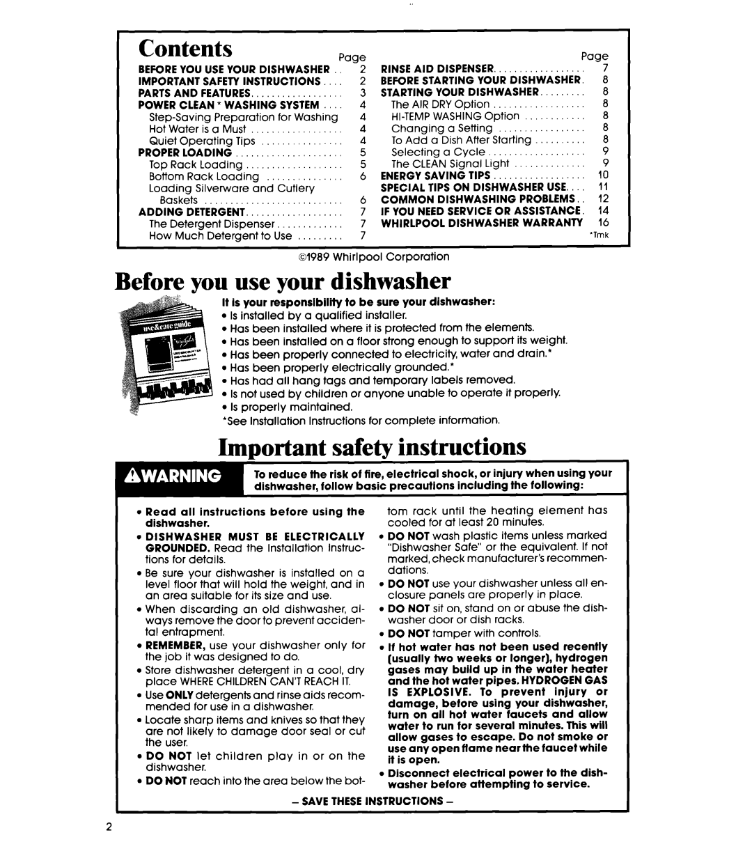 Whirlpool DU9000XR manual Contents, Before you use your dishwasher, Important safety instructions 