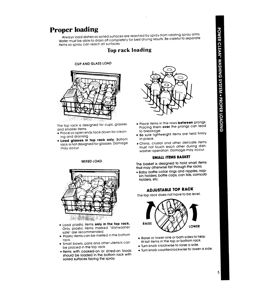 Whirlpool DU9000XR manual Proper loading, Top rack loading, Adjustable Top Rack, Small Items Basket 
