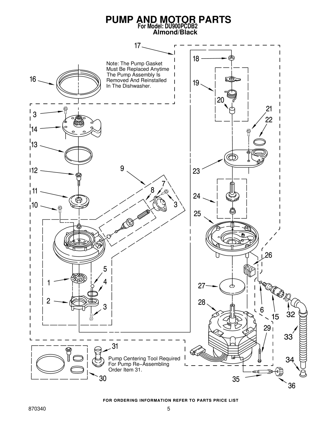 Whirlpool DU900PCDB2 manual Pump and Motor Parts 