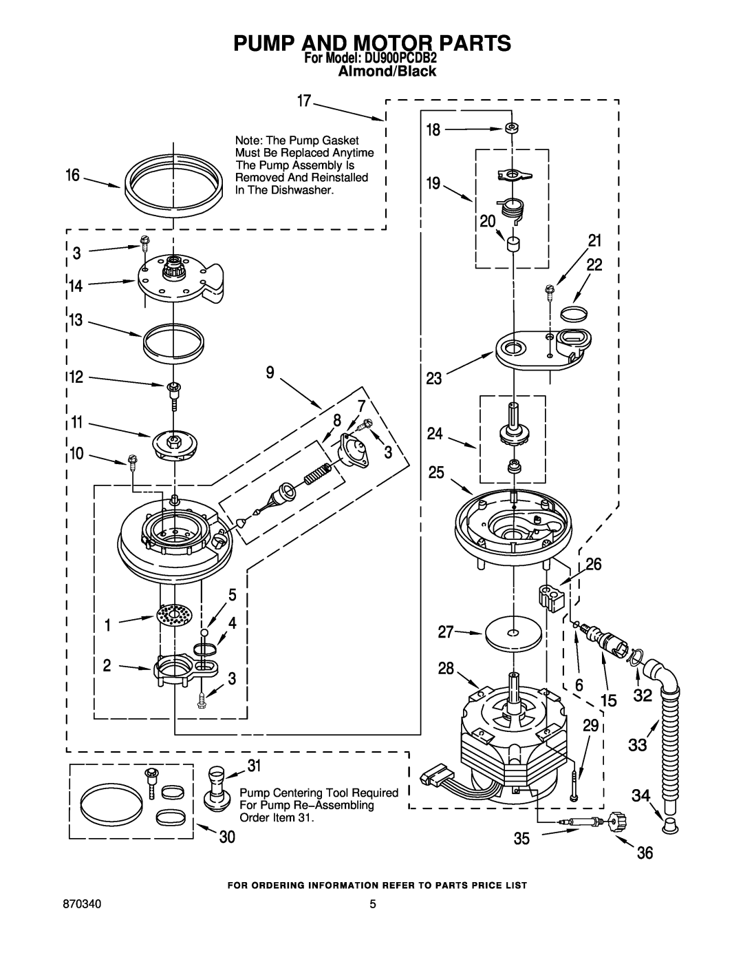 Whirlpool manual Pump And Motor Parts, For Model DU900PCDB2 Almond/Black, Note The Pump Gasket Must Be Replaced Anytime 