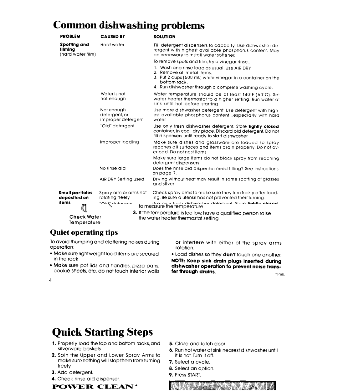 Whirlpool DU9100XT Series manual Common Dishwashing problems, Problem, Caused by, Solution 