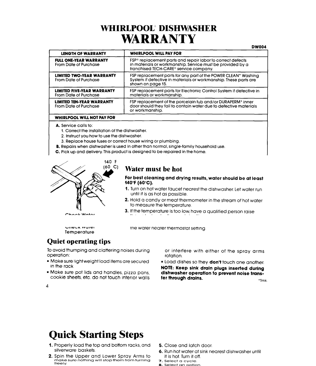 Whirlpool DU9100XT Series manual Length of Warranty, DWQQ4 Whirlpool will PAY for, Limited FIVE-YEAR Warranty 